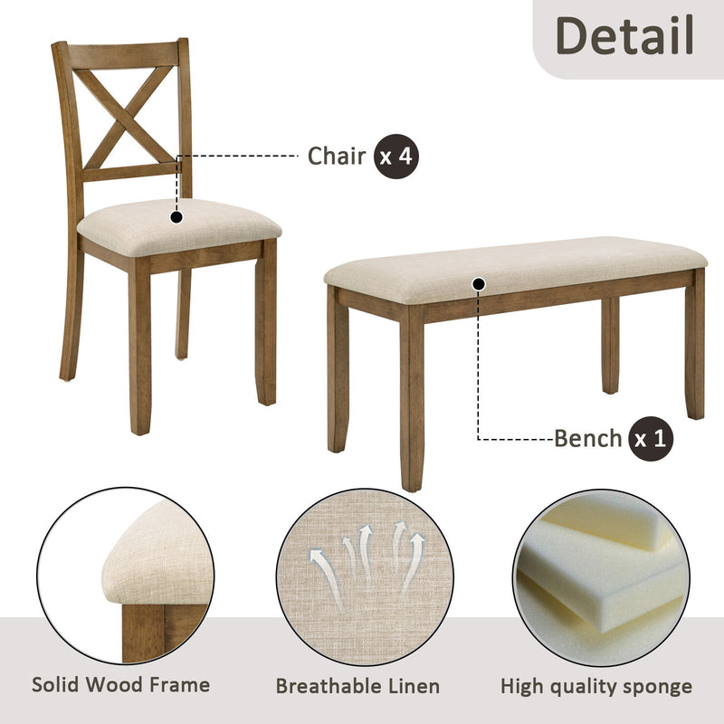 6 Piece Dining Table Set, Large Rectangular Table With Upholstered Bench & 4 X - Back Chairs, Kitchen Furniture - Oak