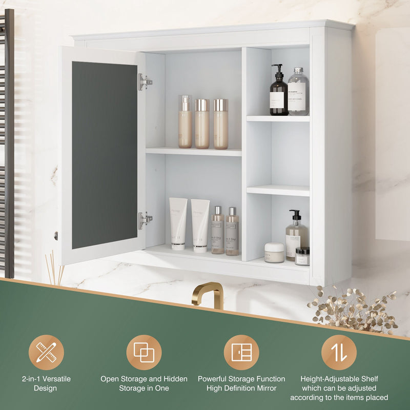 Wall Mounted Medicine Cabinet With Mirror, Storage Cabinet Featuring 6 Open Shelves And Adjustable Interior