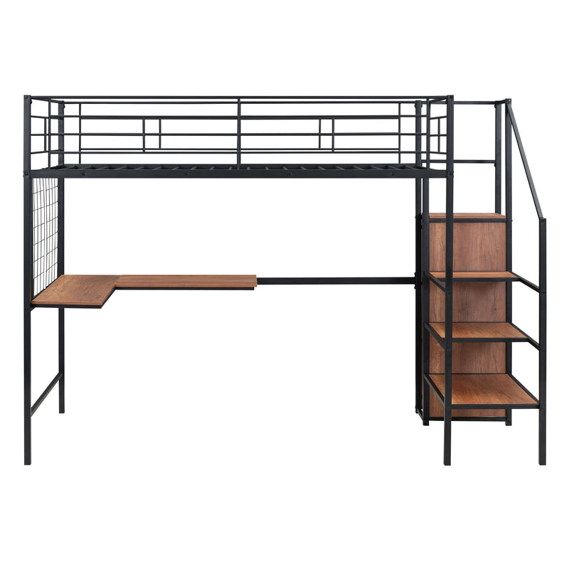 Loft Bed With Desk And Grid, Stylish Frame With Lateral Storage Ladder And Wardrobe