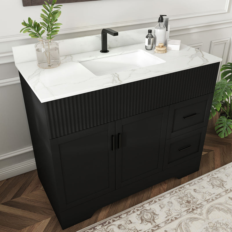 Bathroom Vanity Set, Fluted Cabinet, Soft Close Doors, Single Faucet Hole, Sink Included - Black