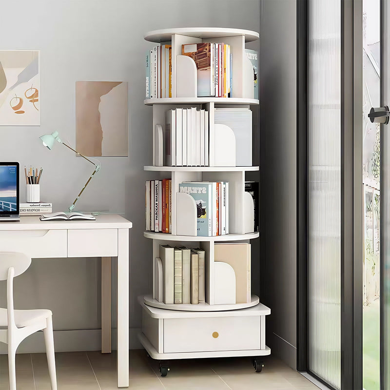 Rotating Bookshelf With Wheels And Drawer, 360° Spinning Design, Space Saving Storage
