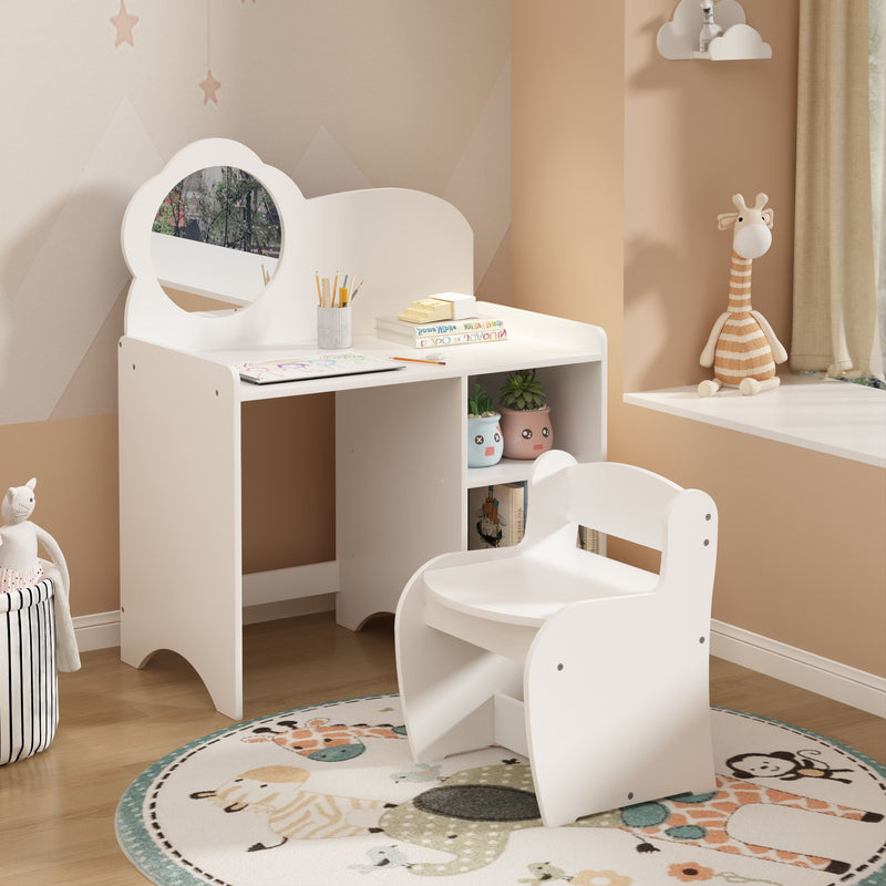 Kids Vanity Table With Mirror And Chair, Dressing Makeup Desk With Storage Shelves - White