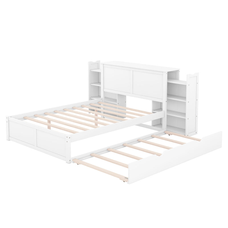 Storage Platform Bed With Pull Out Shelves And Trundle