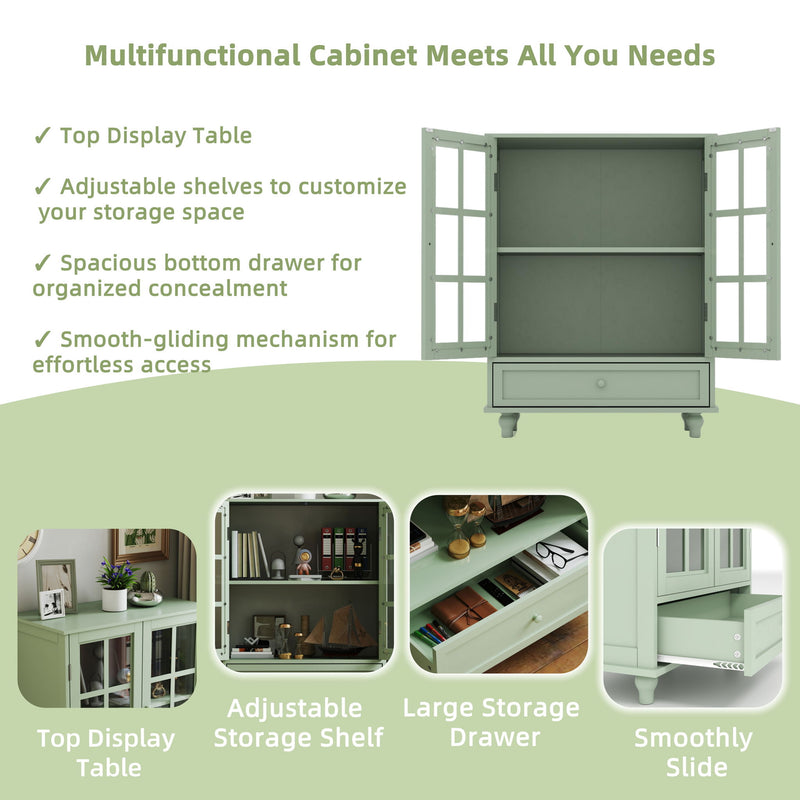 Minimalist Buffet Cabinet With Double Glass Doors And Drawer