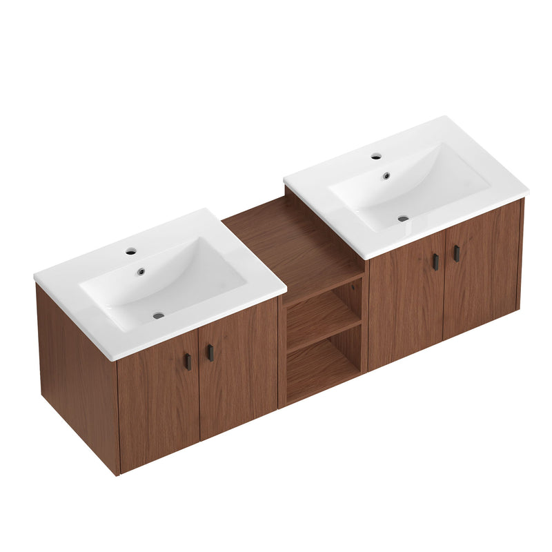 Soft Close Doors Bathroom Vanity With Small Storage Shelves, 24" And 12" Combination Cabinet - Reddish Brown