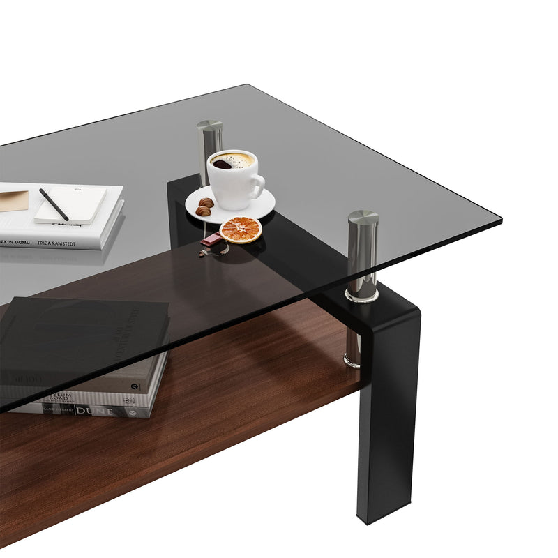 Modern Rectangular Coffee Table With Tempered Transparent Glass Top And Storage Shelf