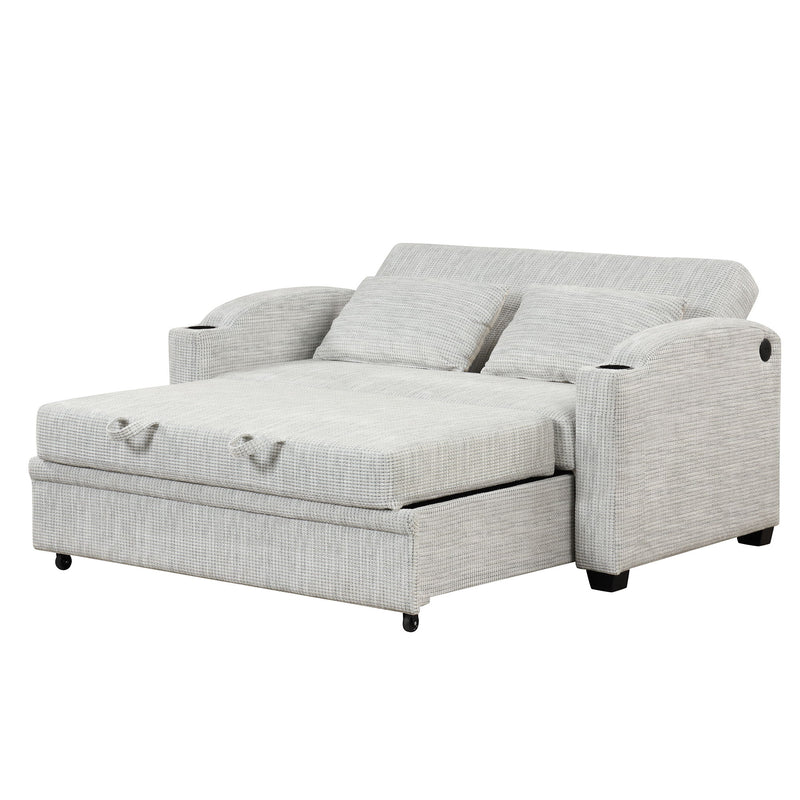 Pull Out Loveseat Sofa With Adjsutable Backrest, 2 Pillows, Cup Holders, USB Ports For Living Room