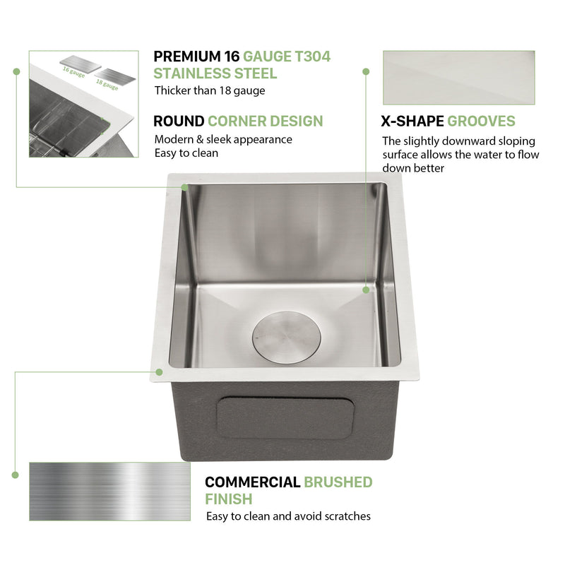 Modern Undermount Stainless Steel Kitchen Sink 16 Gauge, Deep Single Bowl