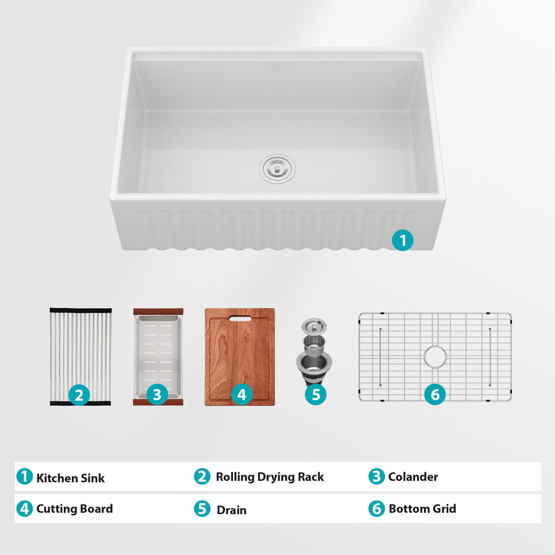 Porcelain Ceramic Farmhouse Sink Workstation With Reversible Apron Design - Single Bowl