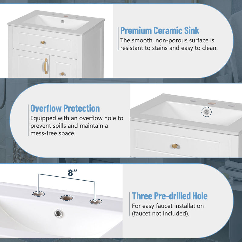 Elegant Bathroom Vanity With Ceramic Sink, Soft Close Doors And Drawers, Double Storage Racks