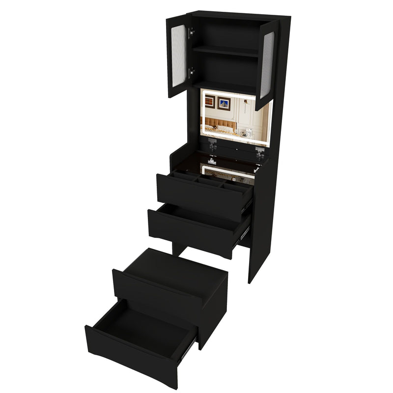 3 In 1 Vanity Table With LED Mirror & Storage Stool, Flip Top Makeup Dressing Table With Adjustable Lights, 5 Storage Spaces Cosmetic Organizer For Bedroom - Black