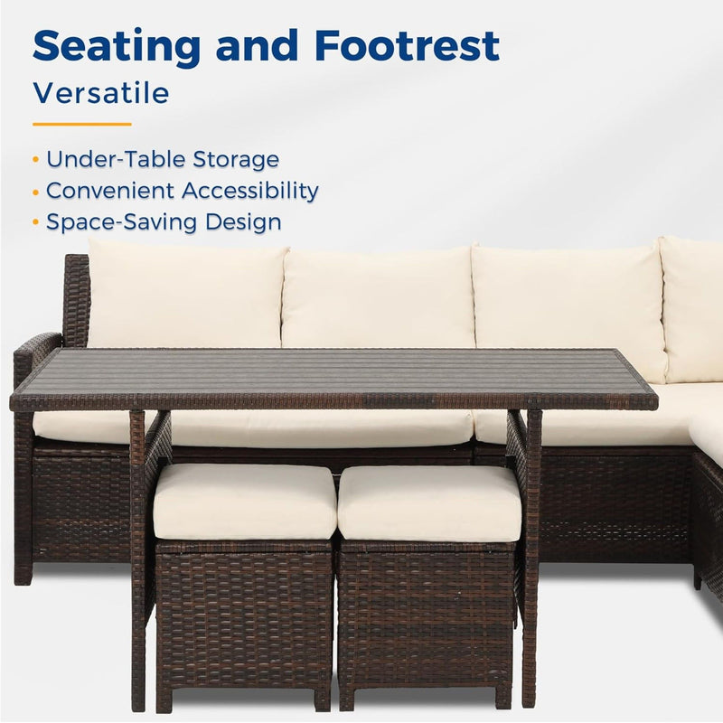 7 Piece Patio Dining Set With Cushions, Modular Sectional Sofa & Storage Table