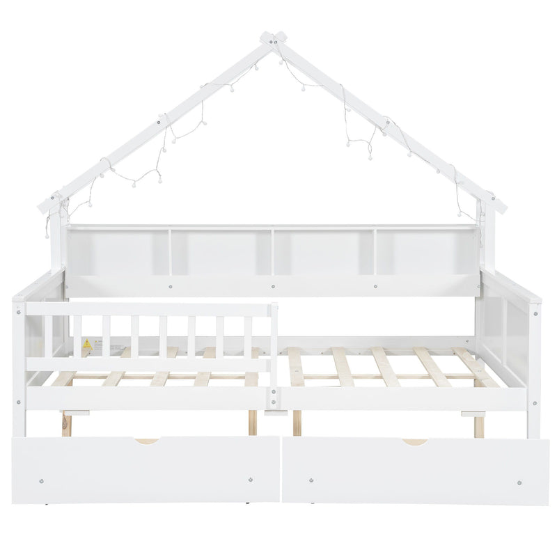 House Style Platform Bed With LED Lights, Storage Shelves, Drawers, And Guardrail