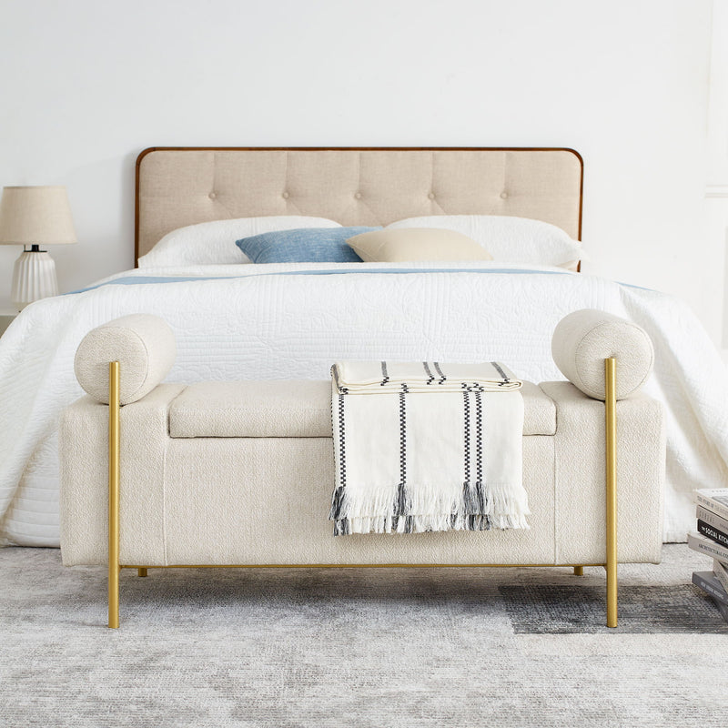 Elegant Upholstered Storage Bench With Cylindrical Arms And Iron Legs,