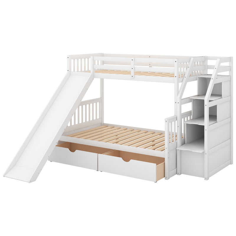 Bunk Bed With Storage Staircase, Slide, Desk, Drawers, And Shelves