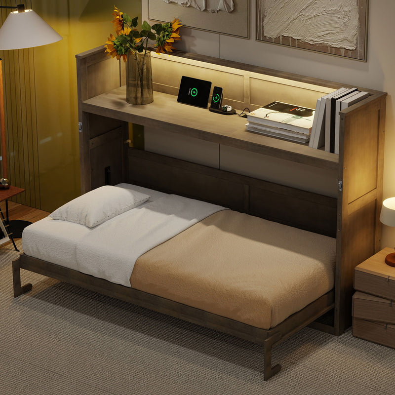 Murphy Bed With Desk, LED Light And USB Charging Station