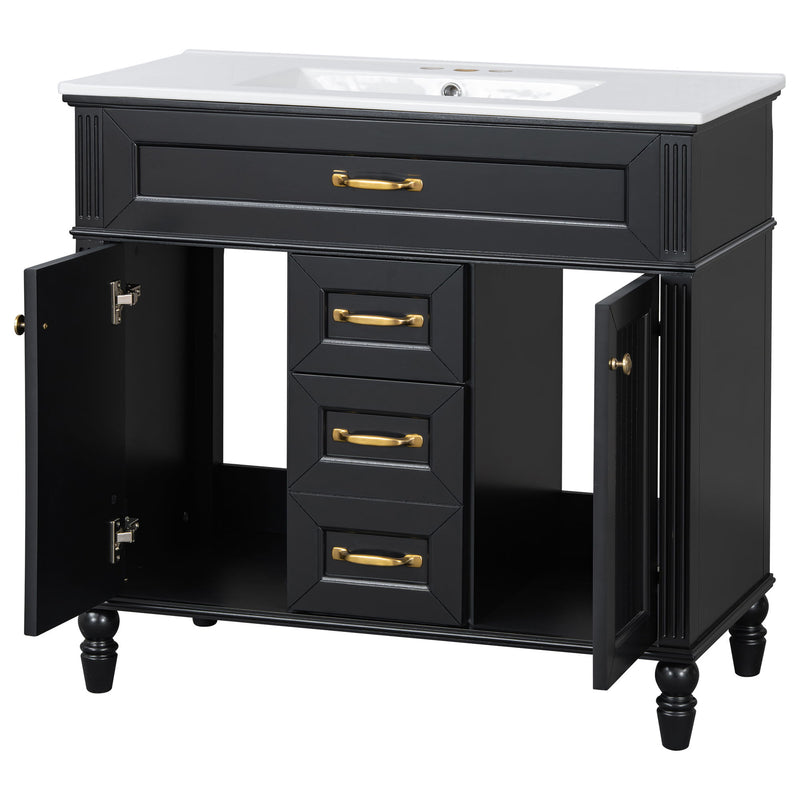 Bathroom Vanity With Sink, Flip-Out Top Drawer, Soft Close Doors, 2 Storage Drawers