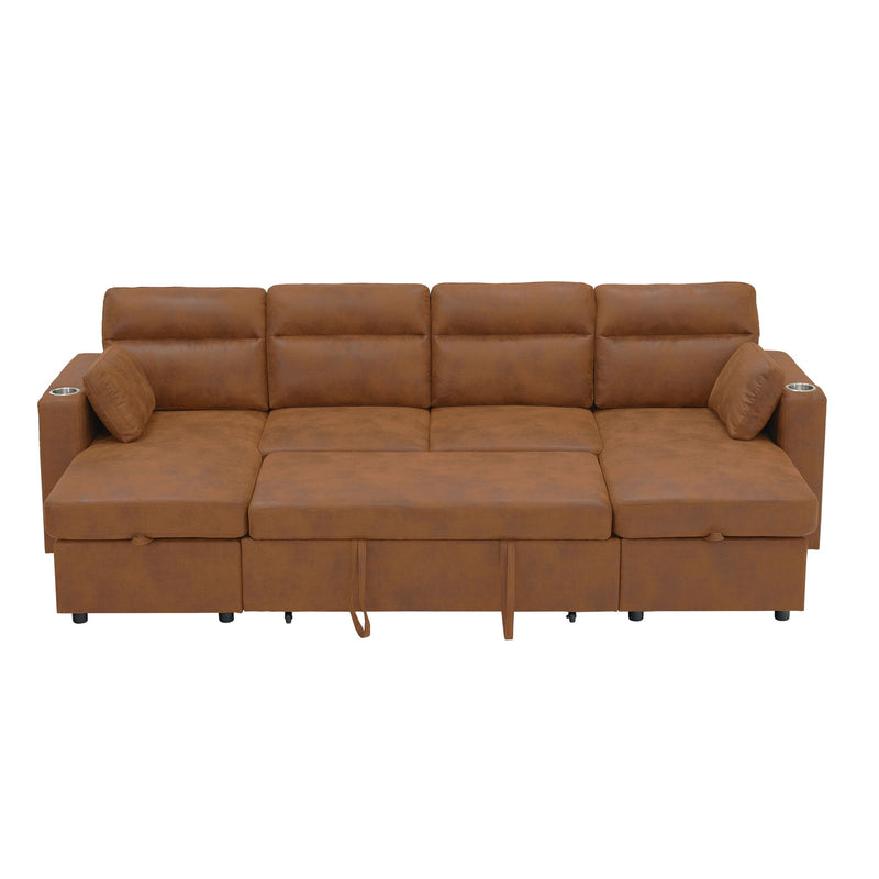 Convertible Sectional Sofa With Storage Chaise, Cup Holders And Pull Out Sleeper