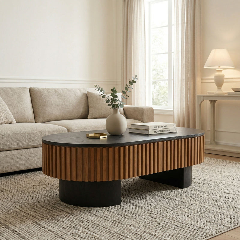 Elliptical Living Room Coffee Table With Hidden Storage And Removable Tabletop