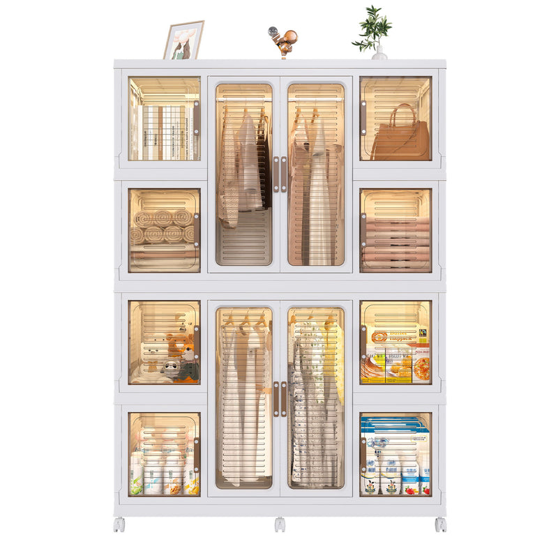 Portable Wardrobe Closet Storage Organizer For Clothes With Magnetic Doors, 12 Cubes & 2 Hanging Rods - White