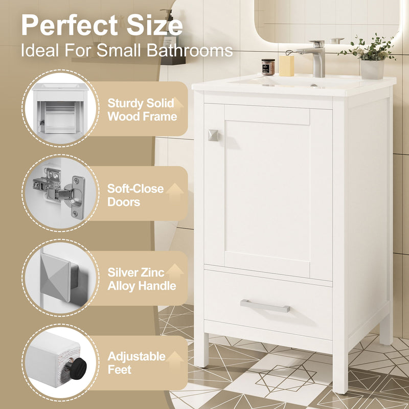 Bathroom Vanity With Ceramic Sink, Soft Close Drawers, Door Organizer, Divider Drawer, Adjustable Foot Pads