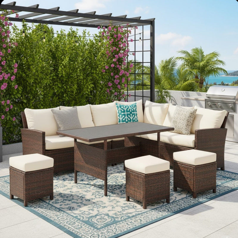 7 Piece Patio Dining Set With Cushions, Modular Sectional Sofa & Storage Table