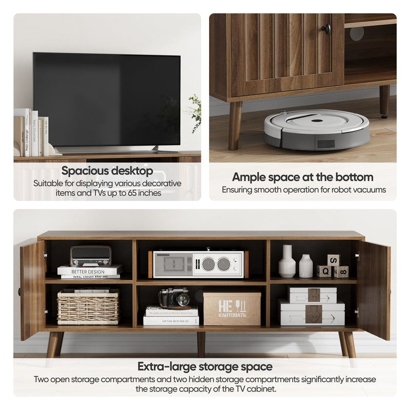 55" TV Cabinet With Vertical Groove Doors, Adjustable Shelves - Walnut