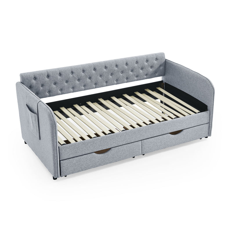 Daybed With Trundle And Storage Drawers, Flat Arms With Pocket