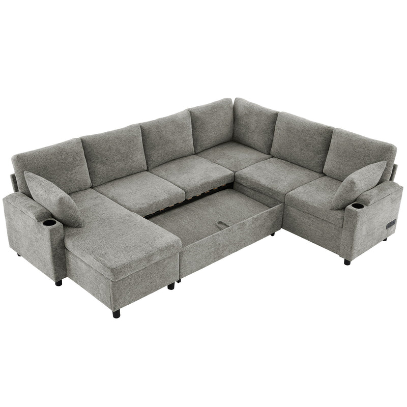 U-Shaped Sectional Sleeper Sofa With Ample Storage Space, 2 Cup Holders And Charging Ports For Living Room