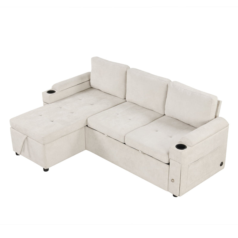 Convertible L Shaped Sofa Couch With Storage, Cup Holders, USB Ports