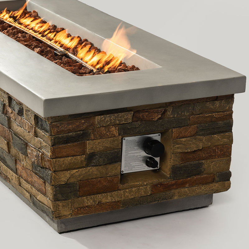 Propane Gas Fire Pit Table, 60000 Btu Rectangular For Outside Patio - Light Gray / Mixed Light Brown