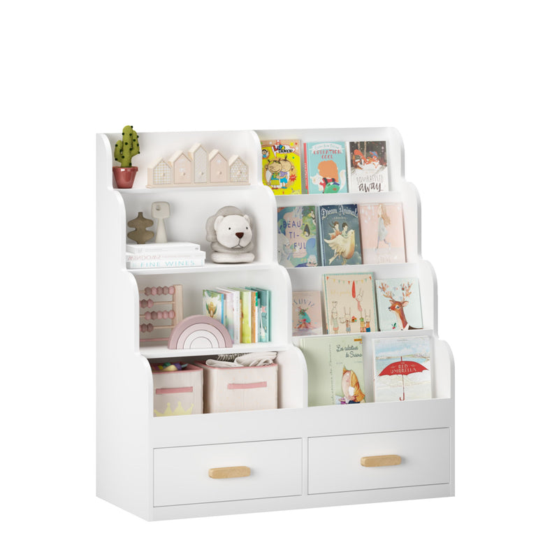 Bookshelf With 2 Storage Drawers, Front Facing Bookcase And Toy Organizer, Multi Tier Reading Shelf - White