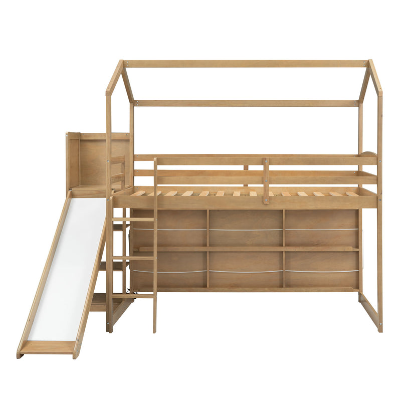House Loft Bed With Slide, Storage Shelves And Light, Climbing Ramp