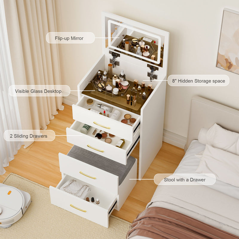 Compact 3 In 1 Vanity Desk With Open Top Mirror, Glass Desktop, 5 Height - White