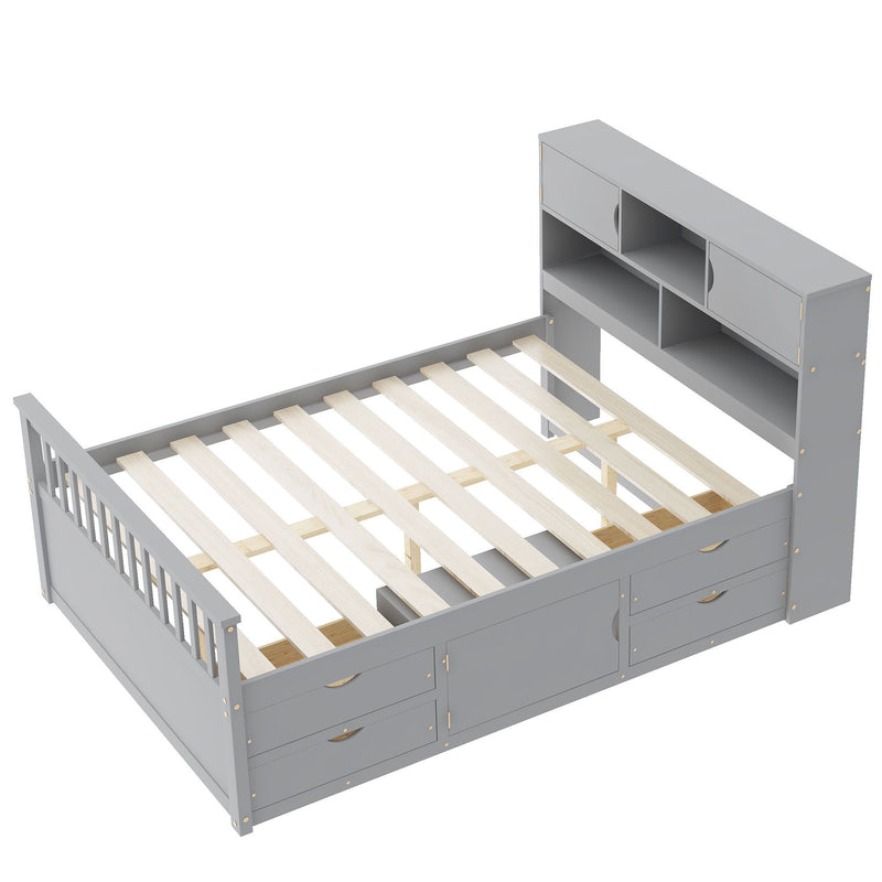 Captain Platform Bed Frame With Bookcase Headboard, 4 Drawers, Storage Shelves