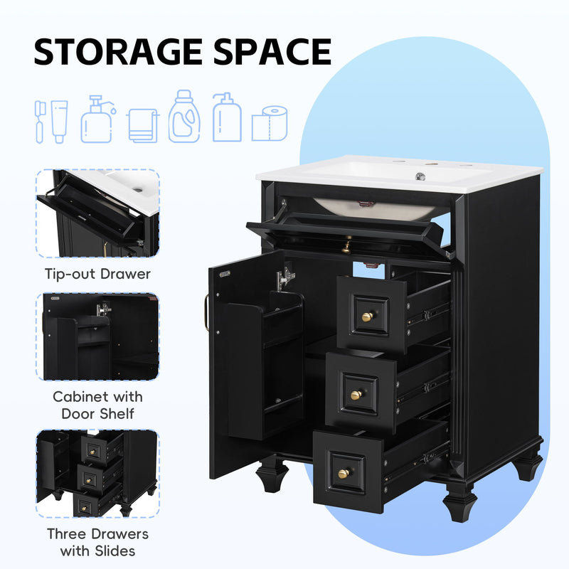Freestanding Bathroom Vanity With Sink, 3 Drawers & Flip-Out Drawer