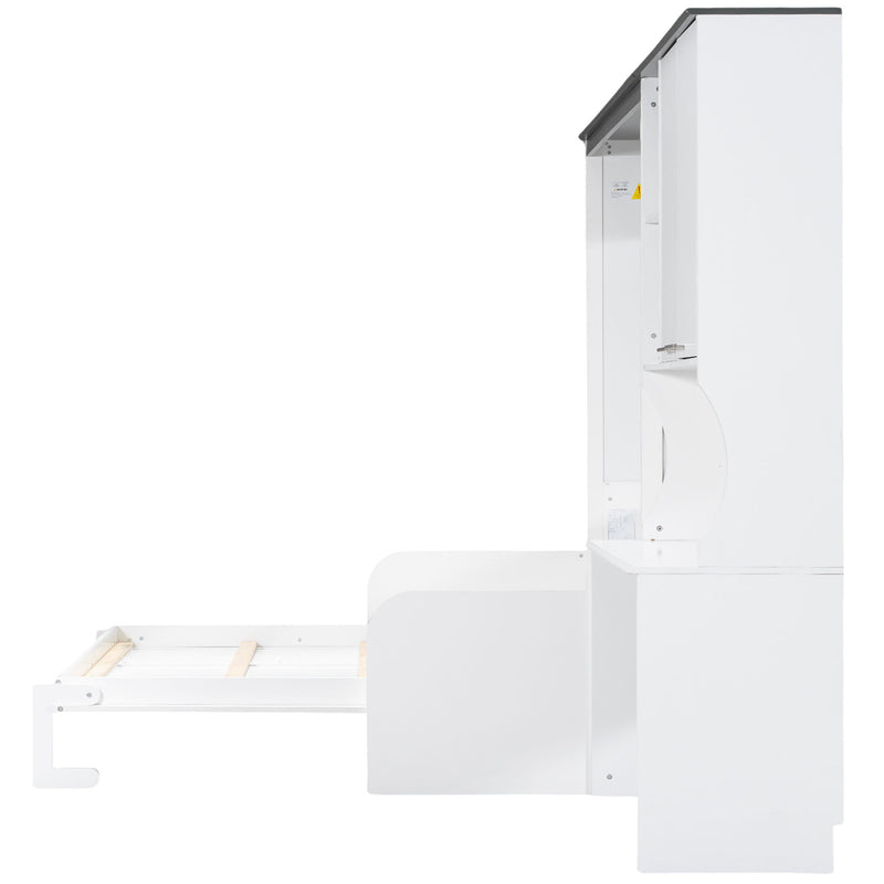 Multi Functional Murphy Bed With Sofa, Desk, And Storage Cabinet In, Full Size - White
