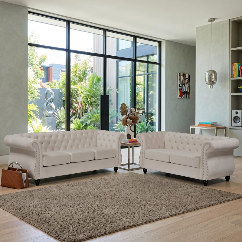 Chesterfield Button Tufted Loveseat With Rolled Arms - Ivory