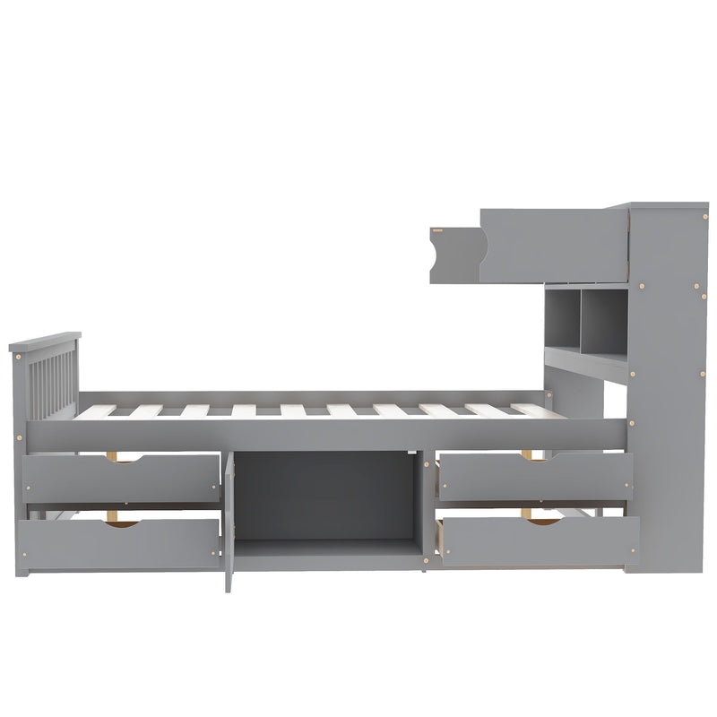 Captain Platform Bed Frame With Bookcase Headboard, 4 Drawers, Storage Shelves