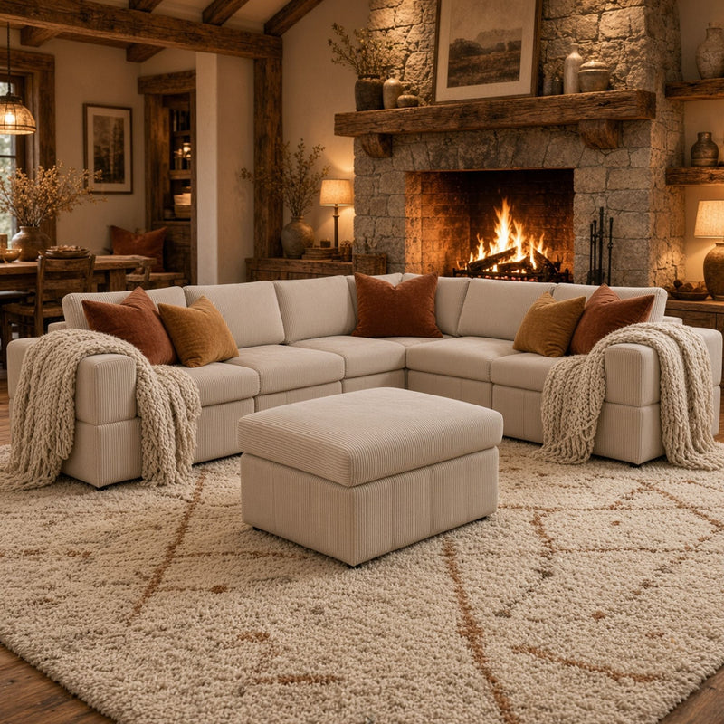 Oversized Modular Sectional Sofa, Reversible With Ottoman