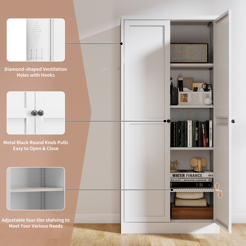 Metal Kitchen Pantry Cabinet With Adjustable Storage And 4 Heavy Duty Shelves - White