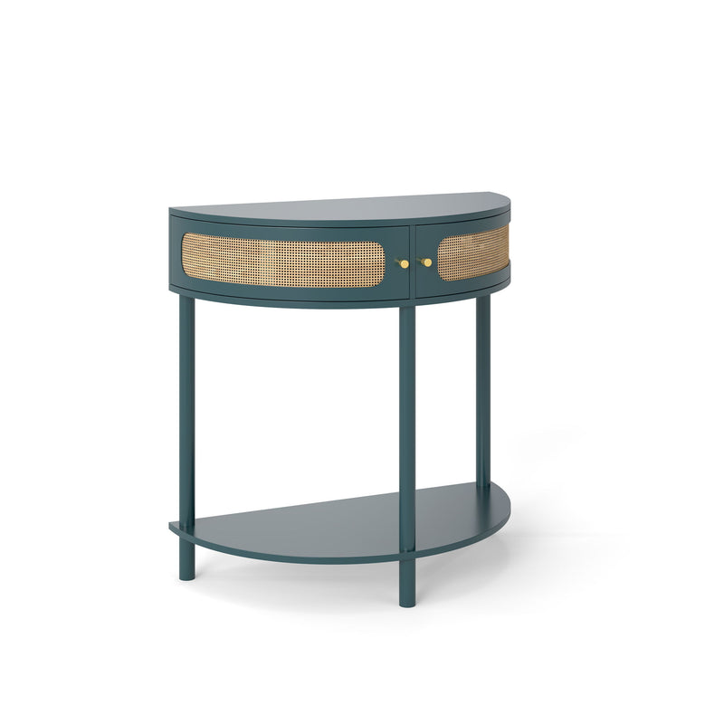 Boho Rattan Semi Circle End Table With Sliding Rattan Door, Storage And Bottom Shelf