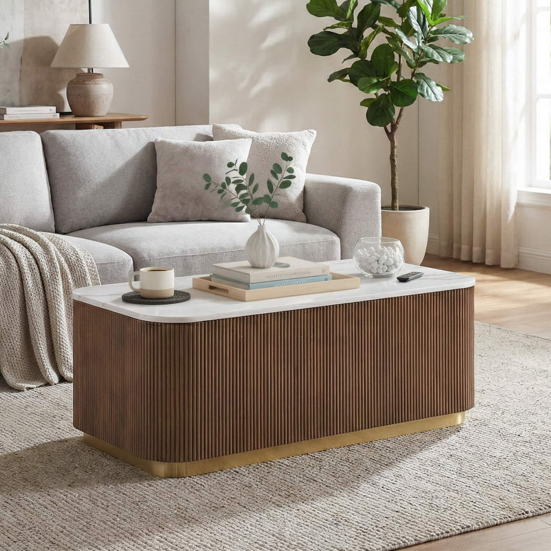 Rectangle Cocktail Table Genuine Accent Plinth Base Living Room - Brown / Gold / White