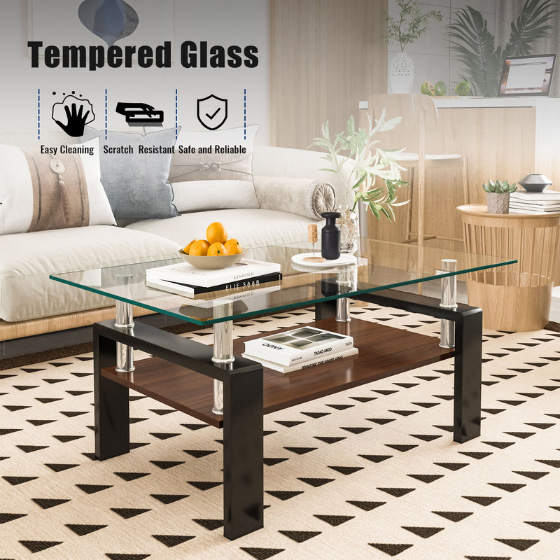 Modern Rectangular Coffee Table With Tempered Glass Top Layer, Table For Living Room - Transparent