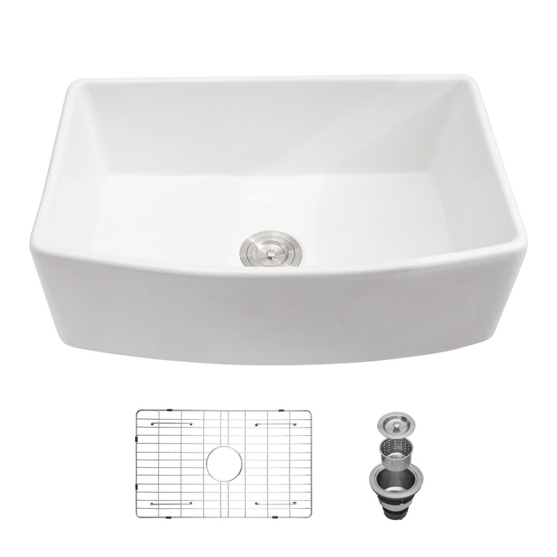 Ceramic Farmhouse Sink, Apron Front Single Bowl With Arch Edge