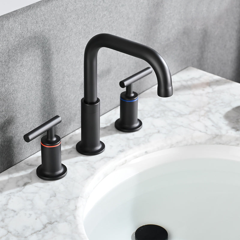 Widespread Bathroom Sink Faucet With Pop Up Drain And Brass Construction - Matte Black