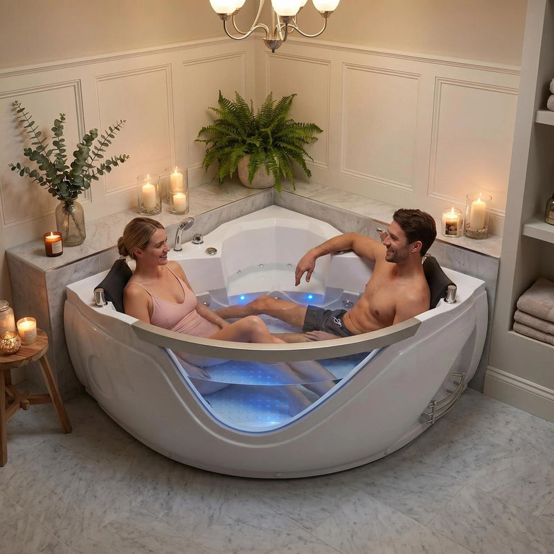 Xavier - Double Corner Massage Bathtub, Equipped & Gfci Plug And Ul Certified Water Pump, Upc Certified Drain - Milk White