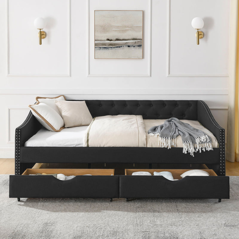 Upholstered Tufted Daybed With 2 Drawers, Waved Arms