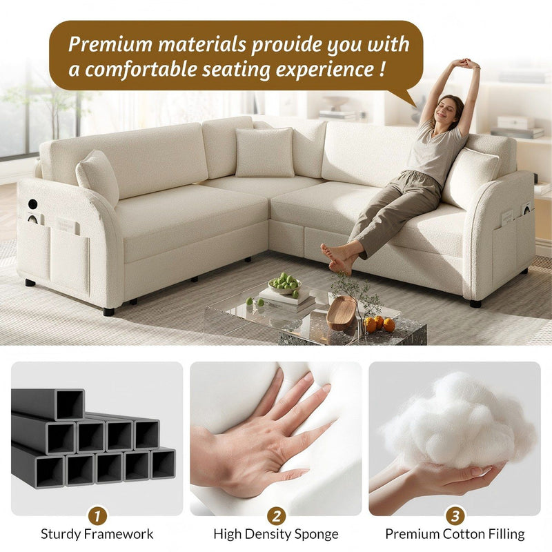 L-Shaped Couch With Pull-Out Bed, Oversize Convertible Sleeper Sofa With Side Pocket & USB Port