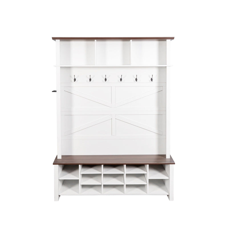 4 In 1 Hall Tree With 6 Hooks, Entryway Bench With Adjustable Shelves - White